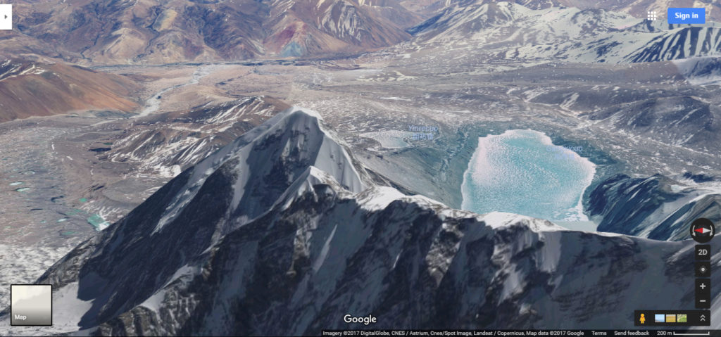Mountain near a lake in Nepal via google maps