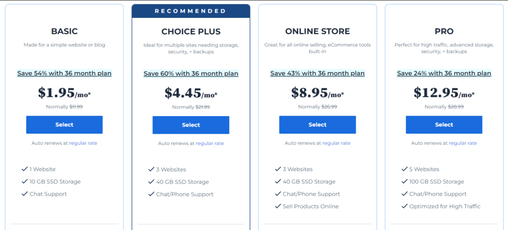 Bluehost Prices for WordPress Hosting. Basic starts at $1.95, Choice Plus at $4.45, Online Store at $8.95 and Pro at $12.95